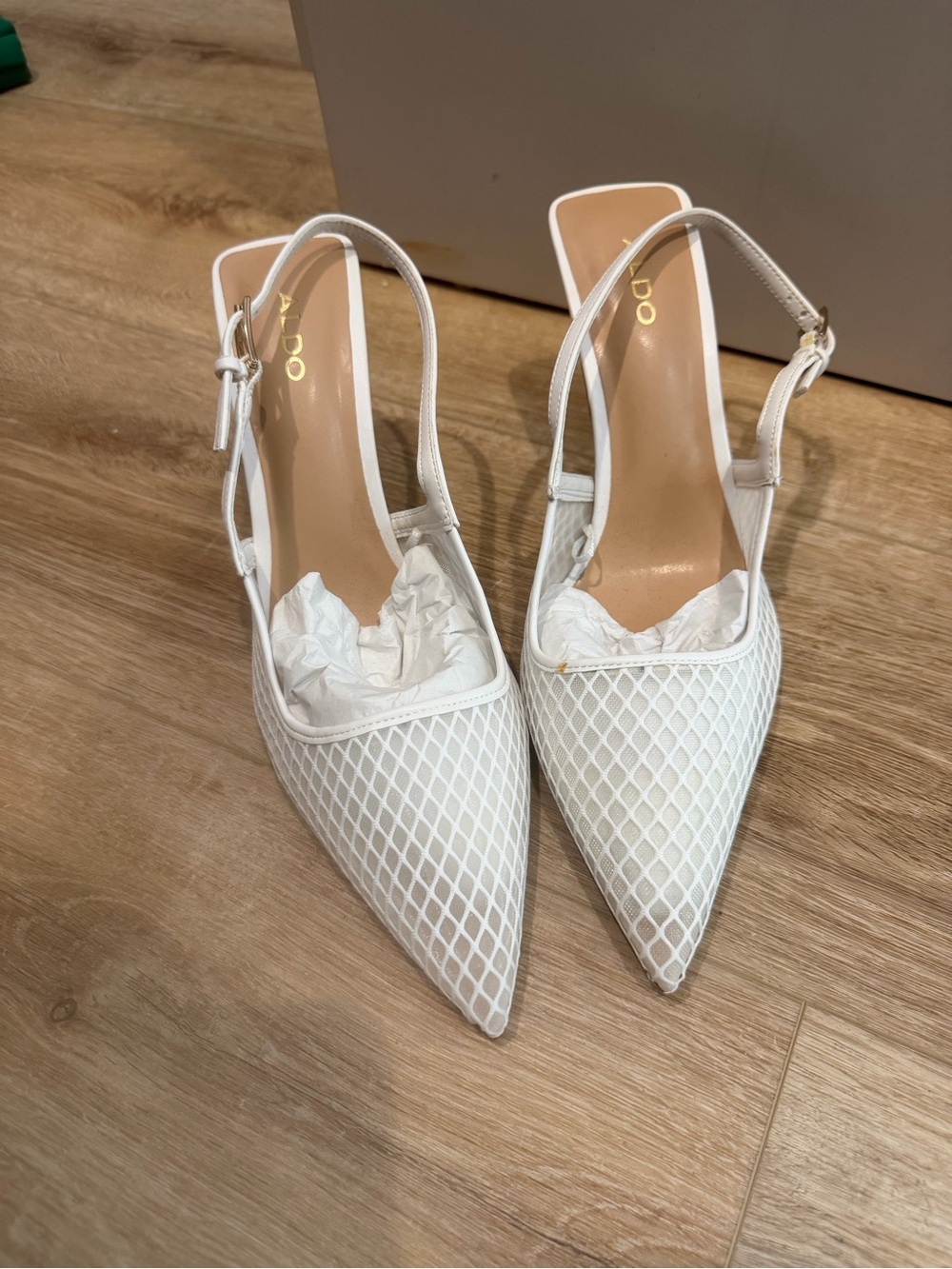 Aldo White Pointed Slingback Heels with Mesh Overlay